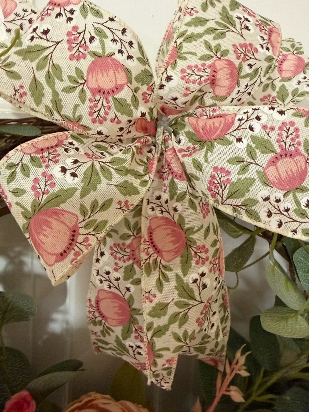 Pink & Cream Floral Wreath with Patterned Bow, measuring 23 x 23”